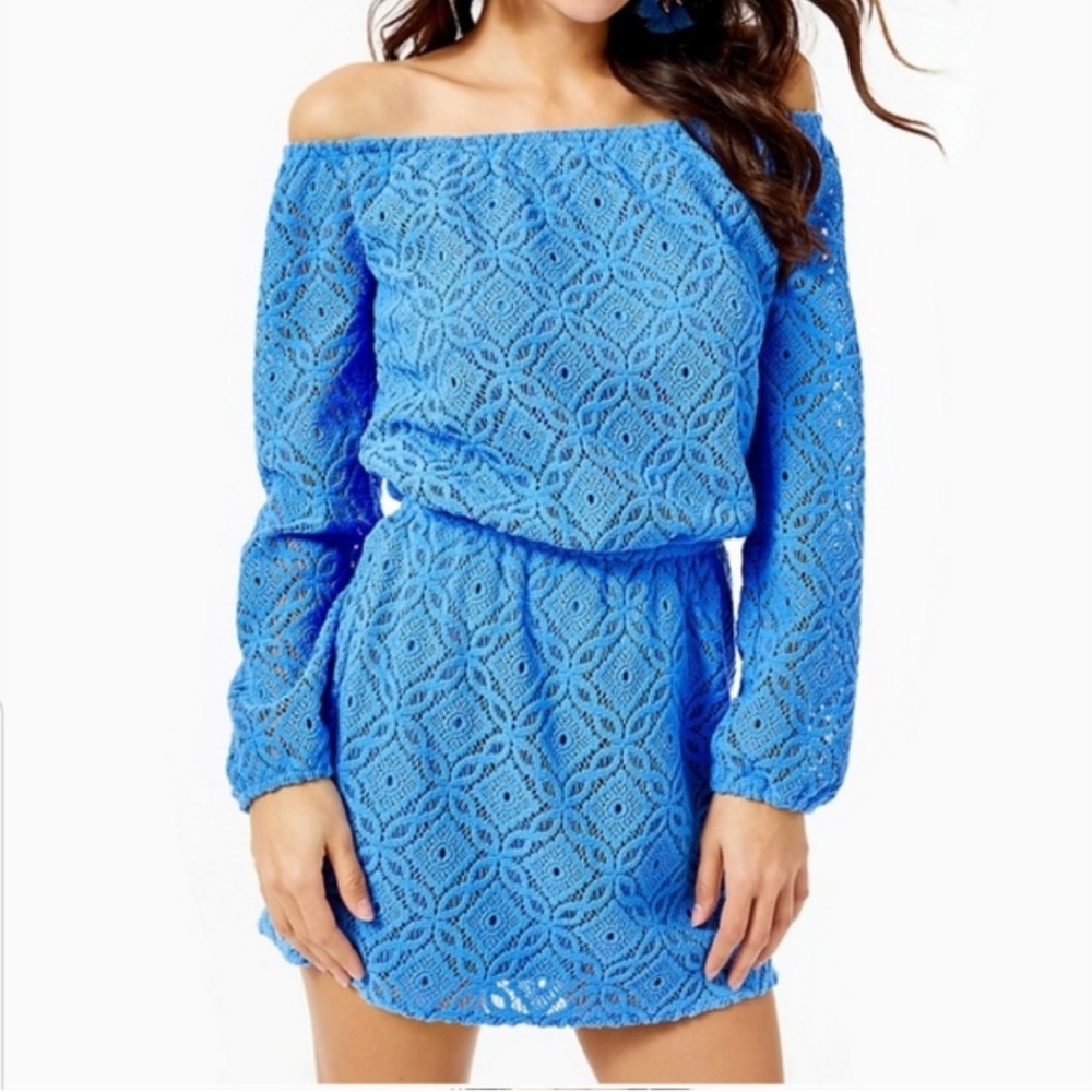 Lilly Pulitzer Blue Lana Thistle Trellis Lace Off Shoulder Skort Romper M
